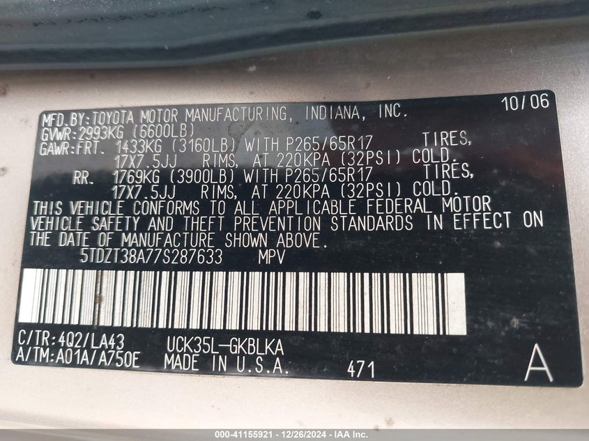 2007 TOYOTA SEQUOIA VIN: 5TDZT38A77S287633
