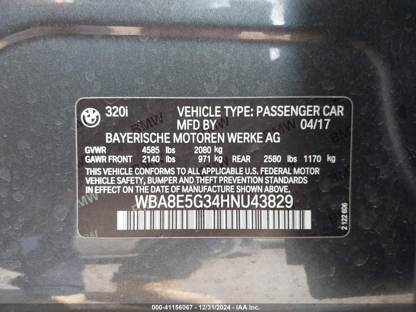 2017 BMW 320 VIN: WBA8E5G34HNU43829