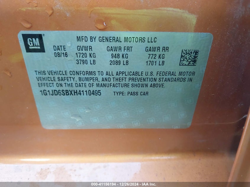 2017 CHEVROLET SONIC LT AUTO - 1G1JD6SBXH4110495