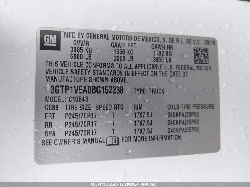 2011 GMC SIERRA VIN: 3GTP1VEA0BG152238