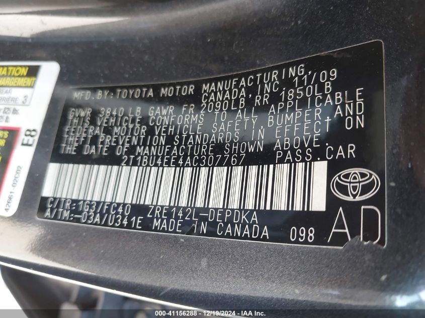 2010 Toyota Corolla Le VIN: 2T1BU4EE4AC307767 Lot: 41156288