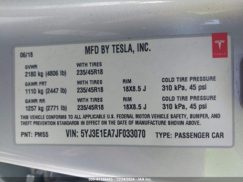 VIN 5YJ3E1EA7JF033070 2018 Tesla Model 3, Long Rang... no.9