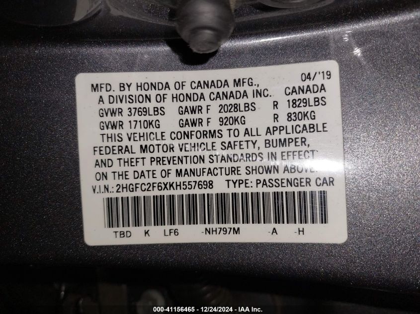 VIN 2HGFC2F6XKH557698 2019 HONDA CIVIC no.9