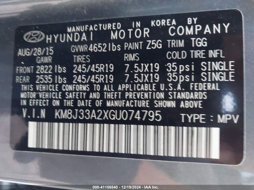 VIN KM8J33A2XGU074795 2016 HYUNDAI TUCSON no.9