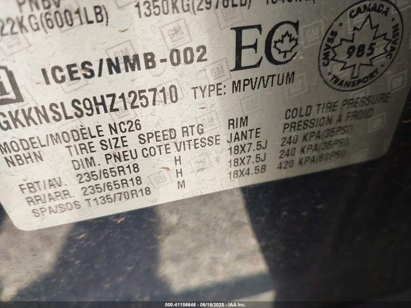 2017 GMC Acadia VIN: 1GKKNSLS9HZ125710 Lot: 41156646