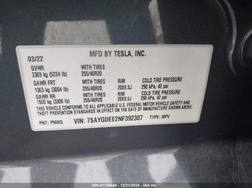 2022 Tesla Model Y Long Range Dual Motor All-Wheel Drive VIN: 7SAYGDEE2NF392307 Lot: 41156648