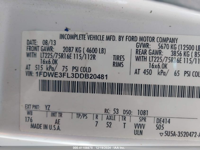 2013 Ford E-350 Cutaway VIN: 1FDWE3FL3DDB20481 Lot: 41156678