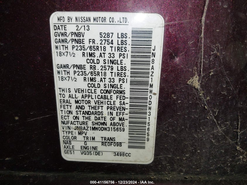 2013 NISSAN MURANO VIN: JN8AZ1MW0DW315659