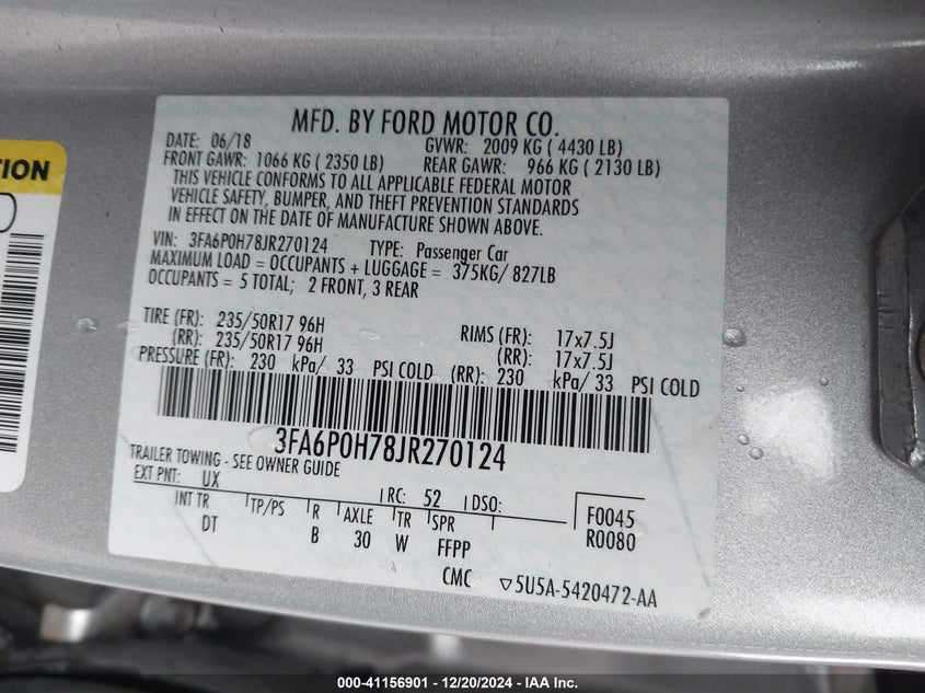 2018 FORD FUSION VIN: 3FA6P0H78JR270124