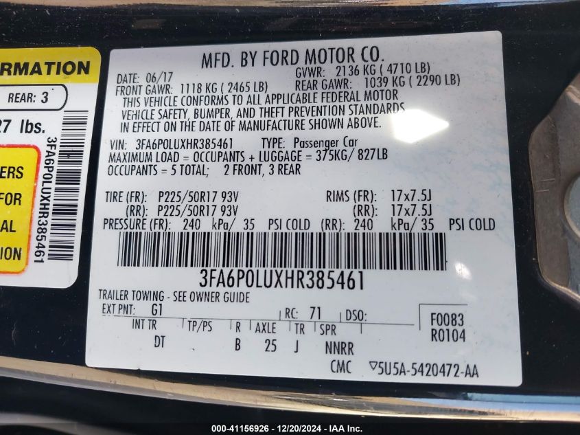 VIN 3FA6P0LUXHR385461 2017 Ford Fusion, Hybrid SE no.9