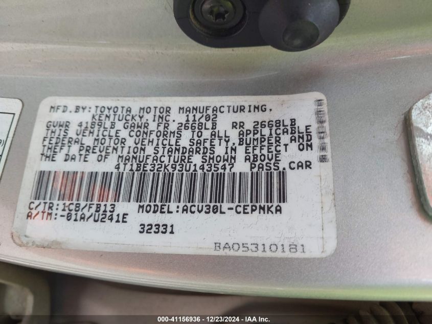 2003 Toyota Camry Le/Se/Xle VIN: 4T1BE32K934143547 Lot: 41156936