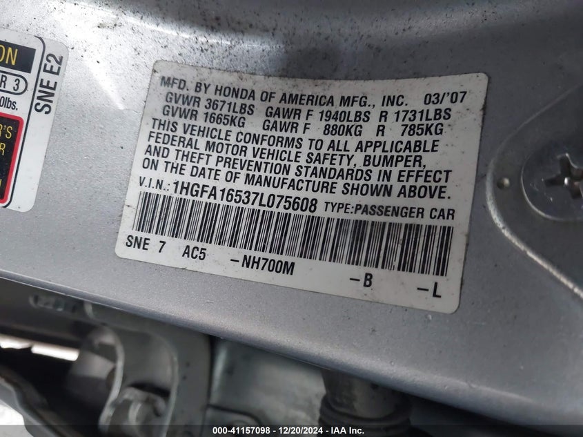 2007 HONDA CIVIC VIN: 1HGFA16537L075608