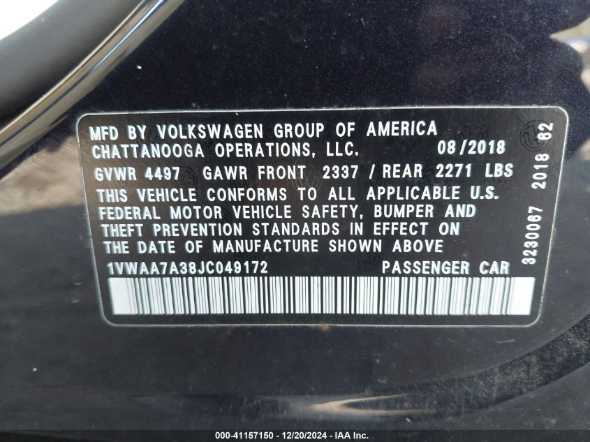 VIN 1VWAA7A38JC049172 2018 VOLKSWAGEN PASSAT no.9