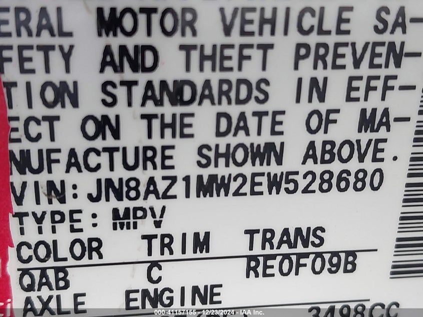 2014 NISSAN MURANO VIN: JN8AZ1MW2EW528680