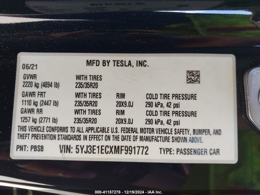 2021 Tesla Model 3 Performance Dual Motor All-Wheel Drive VIN: 5YJ3E1ECXMF991772 Lot: 41157278