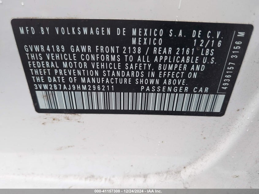 2017 VOLKSWAGEN JETTA VIN: 3VW2B7AJ9HM296211