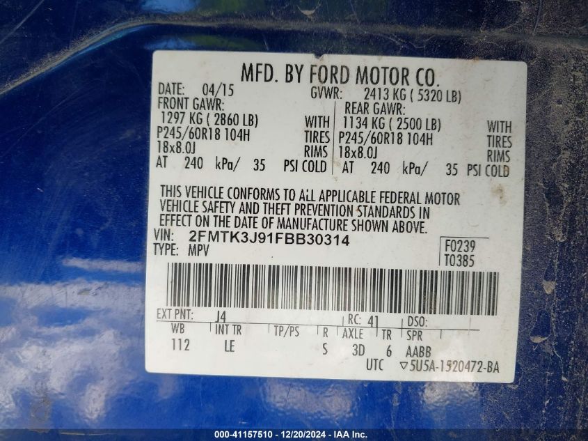 VIN 2FMTK3J91FBB30314 2015 Ford Edge, Sel no.9