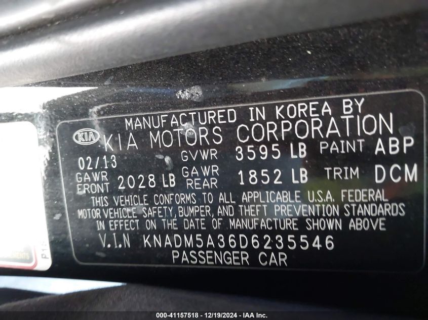 2013 Kia Rio Lx VIN: KNADM5A36D6235546 Lot: 41157518