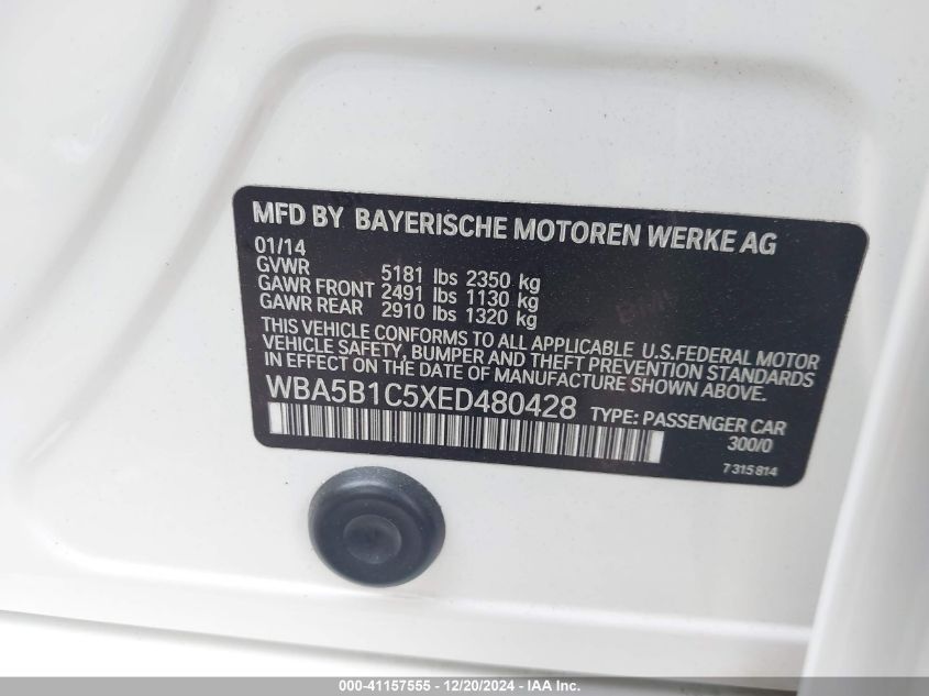 VIN WBA5B1C5XED480428 2014 BMW 5 Series, 535I no.9