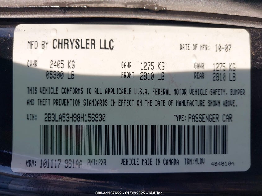 2008 DODGE CHARGER VIN: 2B3LA53H98H156930