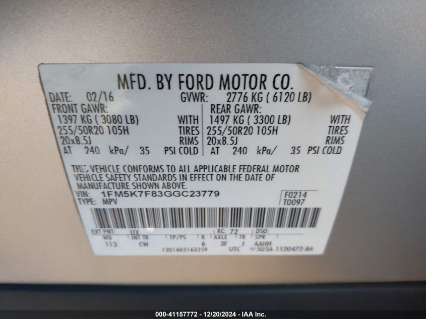 2016 Ford Explorer Limited VIN: 1FM5K7F83GGC23779 Lot: 41157772