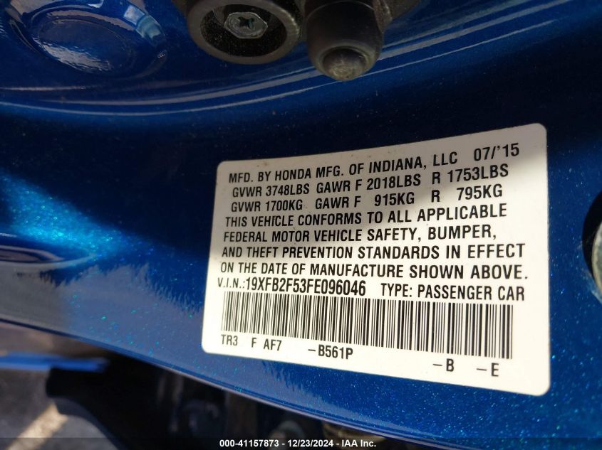 VIN 19XFB2F53FE096046 2015 HONDA CIVIC no.9