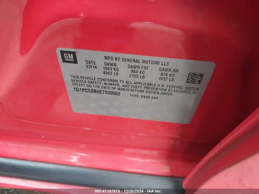 2014 Chevrolet Cruze 1Lt Auto VIN: 1G1PC5SB9E7339560 Lot: 41157878
