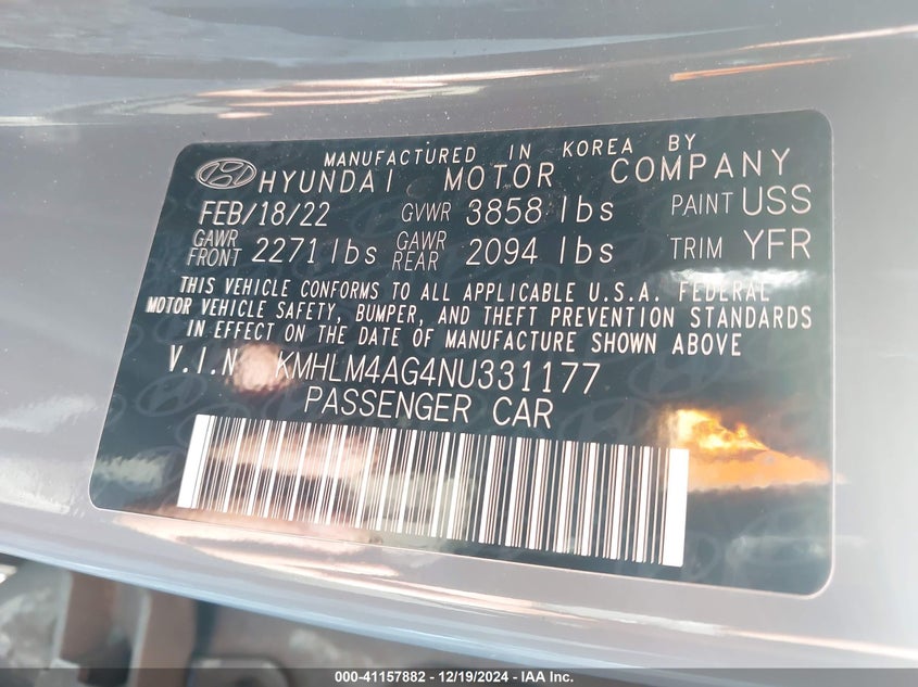 2022 HYUNDAI ELANTRA VIN: KMHLM4AG4NU331177