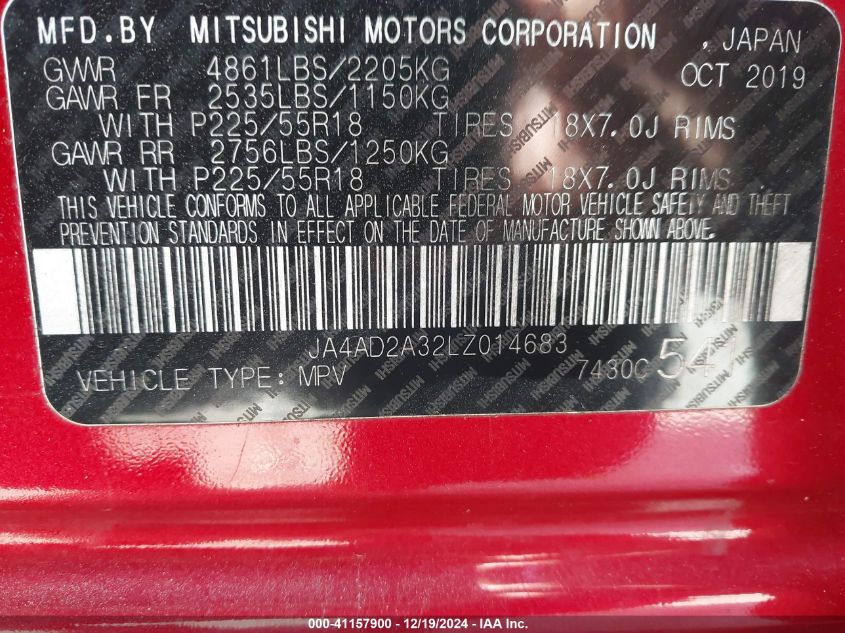 2020 Mitsubishi Outlander Es 2.4 VIN: JA4AD2A32LZ014683 Lot: 41157900