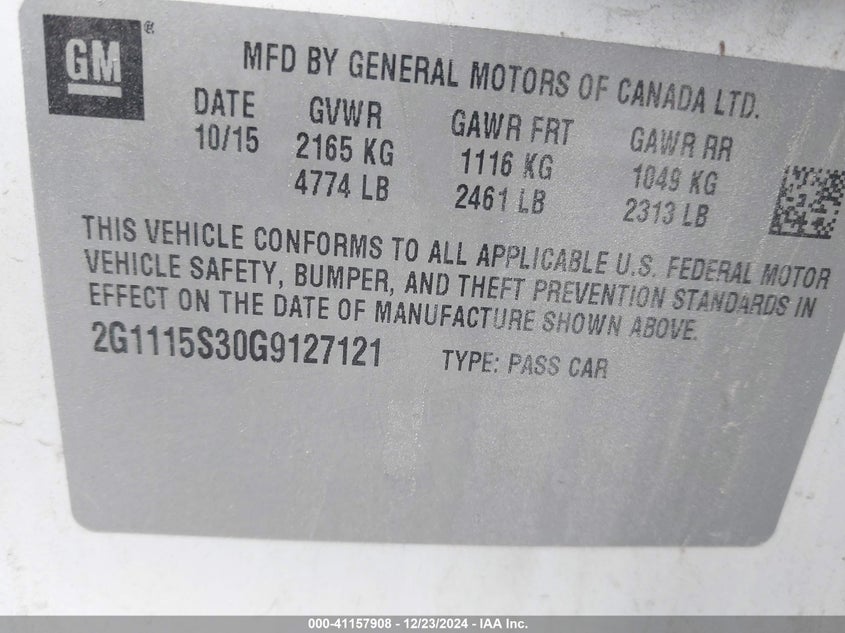 2016 CHEVROLET IMPALA VIN: 2G1115S30G9127121