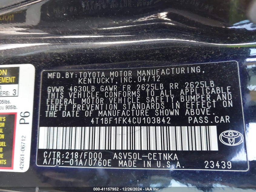 2012 TOYOTA CAMRY VIN: 4T1BF1FK4CU103842