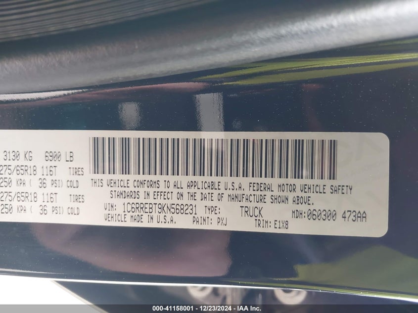 2019 RAM 1500 VIN: 1C6RREBT9KN568231