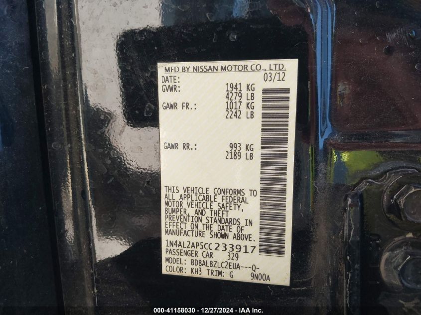 2012 Nissan Altima 2.5 S VIN: 1N4AL2AP5CC233917 Lot: 41158030