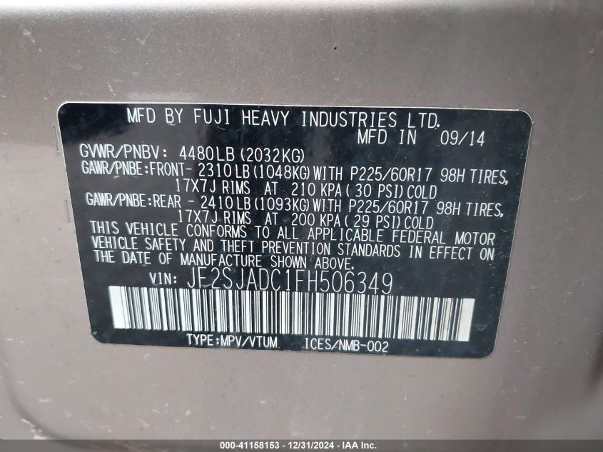 VIN JF2SJADC1FH506349 2015 SUBARU FORESTER no.9