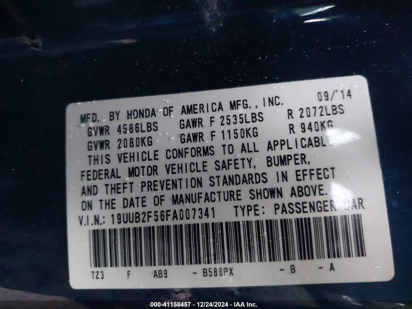 VIN 19UUB2F56FA007341 2015 Acura TLX, V6 Tech no.9