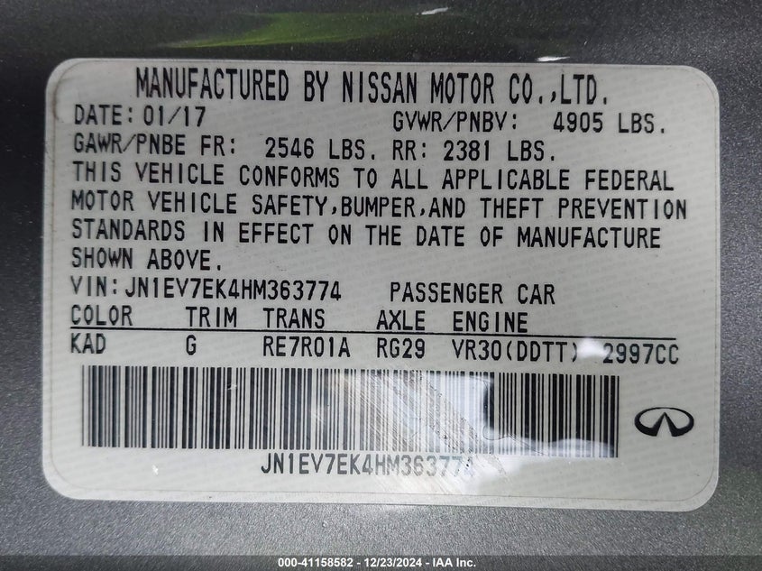 2017 INFINITI Q60 VIN: JN1EV7EK4HM363774