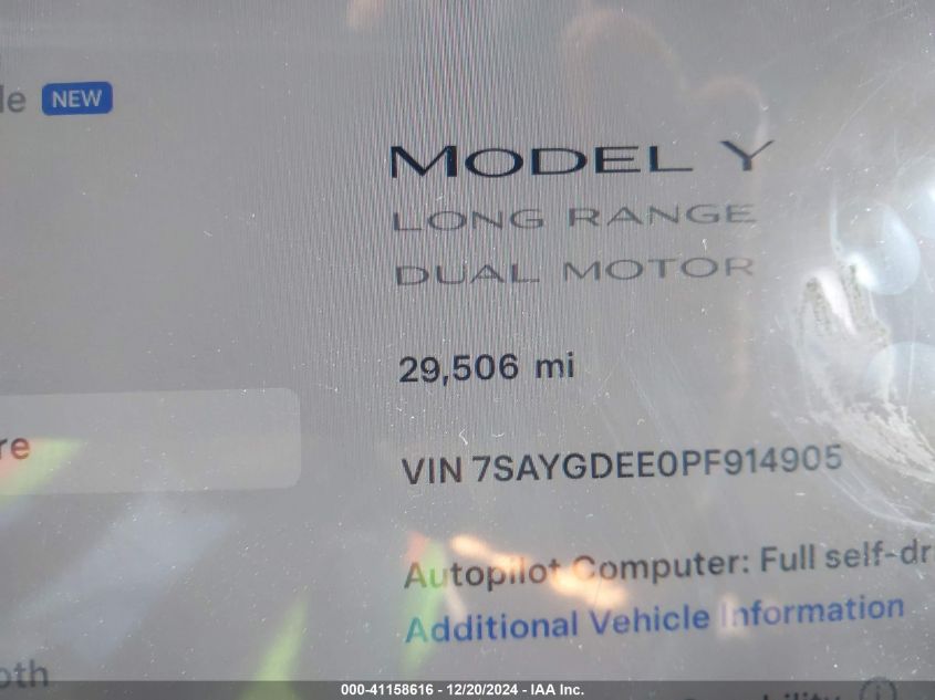 2023 Tesla Model Y Awd/Long Range Dual Motor All-Wheel Drive VIN: 7SAYGDEE0PF914905 Lot: 41158616