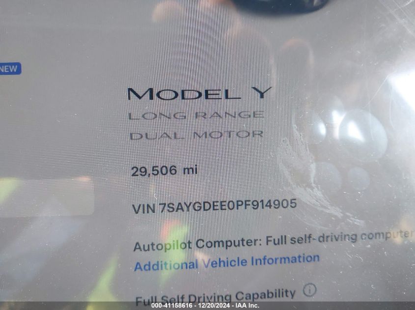 2023 Tesla Model Y Awd/Long Range Dual Motor All-Wheel Drive VIN: 7SAYGDEE0PF914905 Lot: 41158616