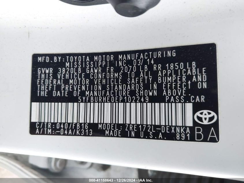 VIN 5YFBURHE0EP102249 2014 Toyota Corolla, Le Plus no.9