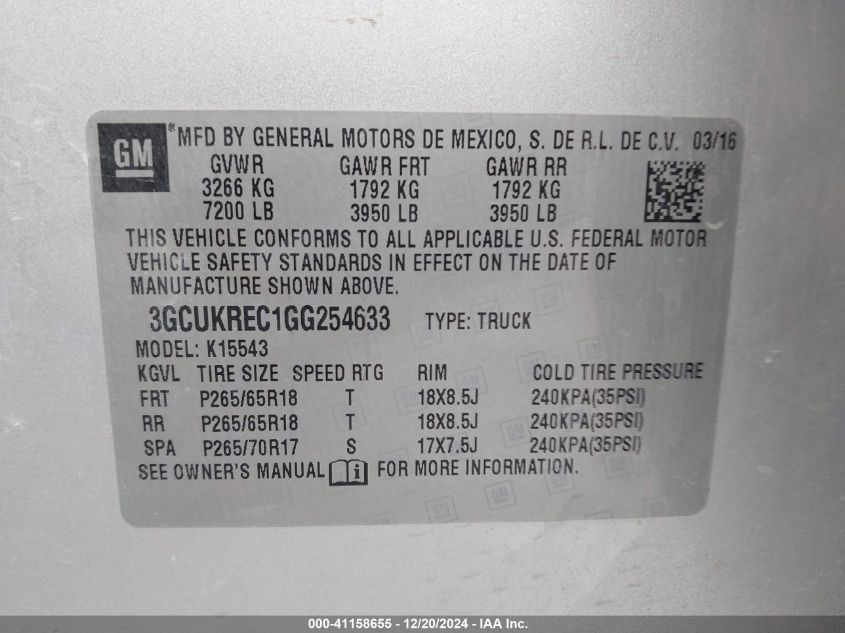 2016 Chevrolet Silverado 1500 2Lt VIN: 3GCUKREC1GG254633 Lot: 41158655