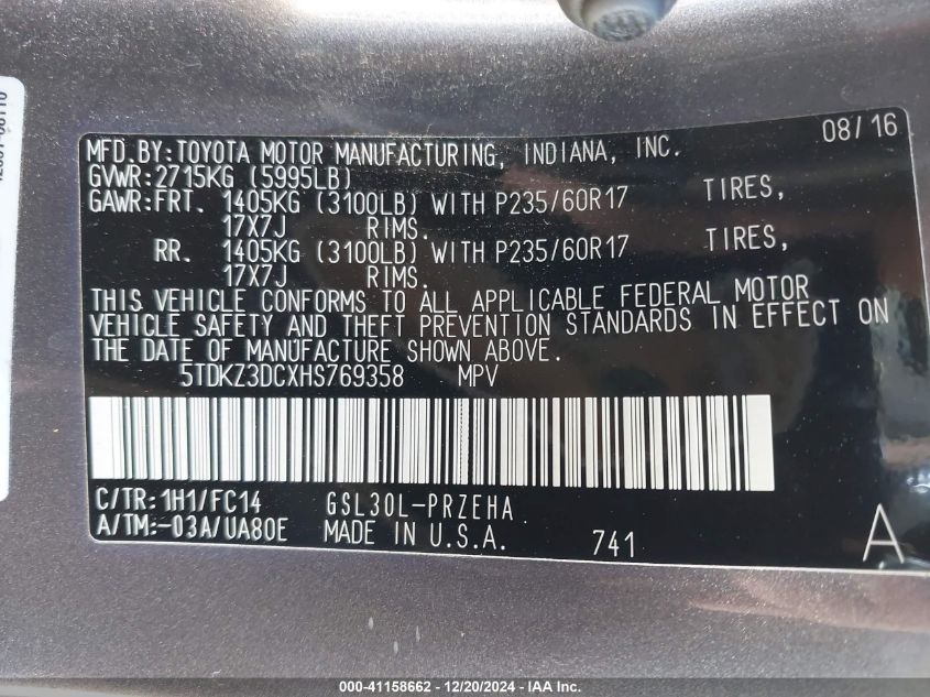 VIN 5TDKZ3DCXHS769358 2017 Toyota Sienna, Le 8 Pass... no.9