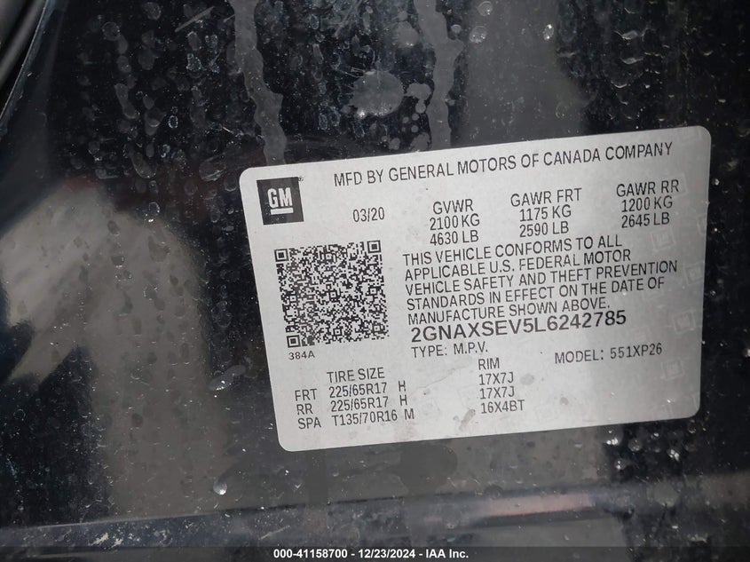 2020 CHEVROLET EQUINOX VIN: 2GNAXSEV5L6242785