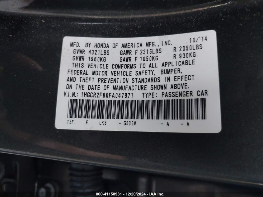 2015 HONDA ACCORD VIN: 1HGCR2F86FA047971
