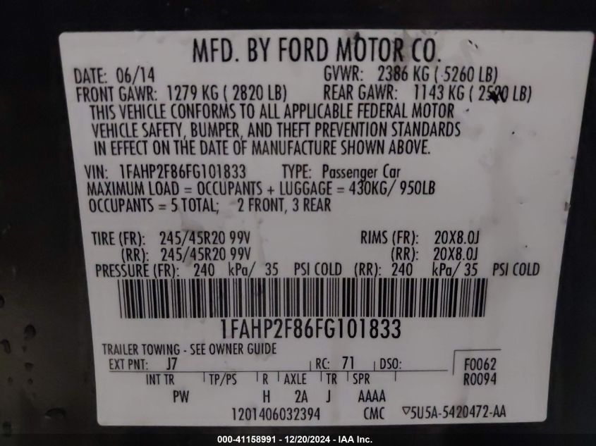 2015 FORD TAURUS LIMITED - 1FAHP2F86FG101833