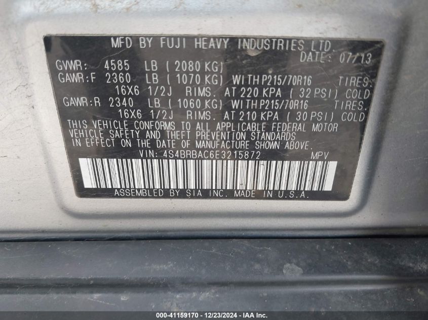 VIN 4S4BRBAC6E3215872 2014 Subaru Outback, 2.5I no.9