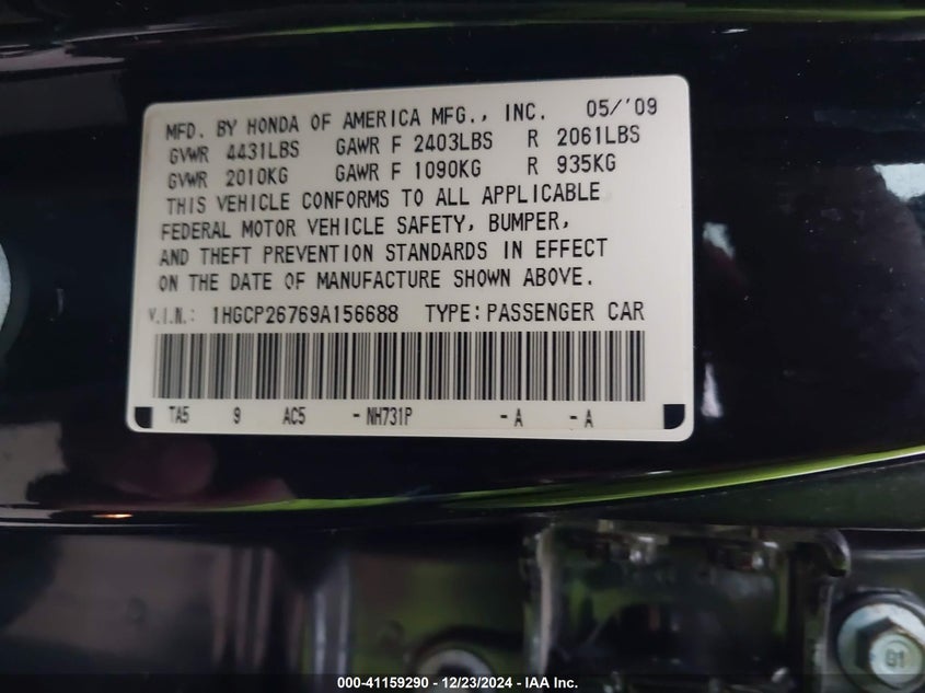 2009 HONDA ACCORD VIN: 1HGCP26769A156688