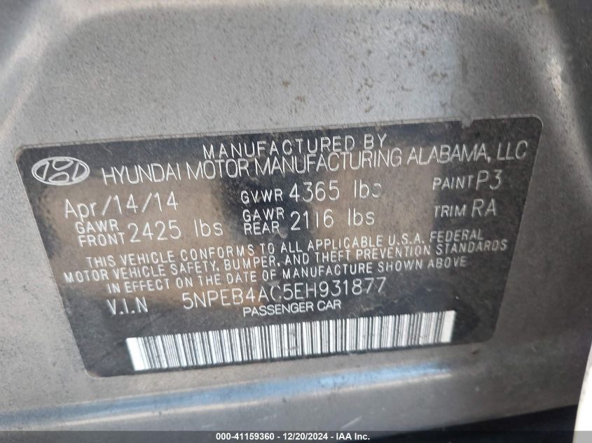 VIN 5NPEB4AC5EH931877 2014 HYUNDAI SONATA no.9