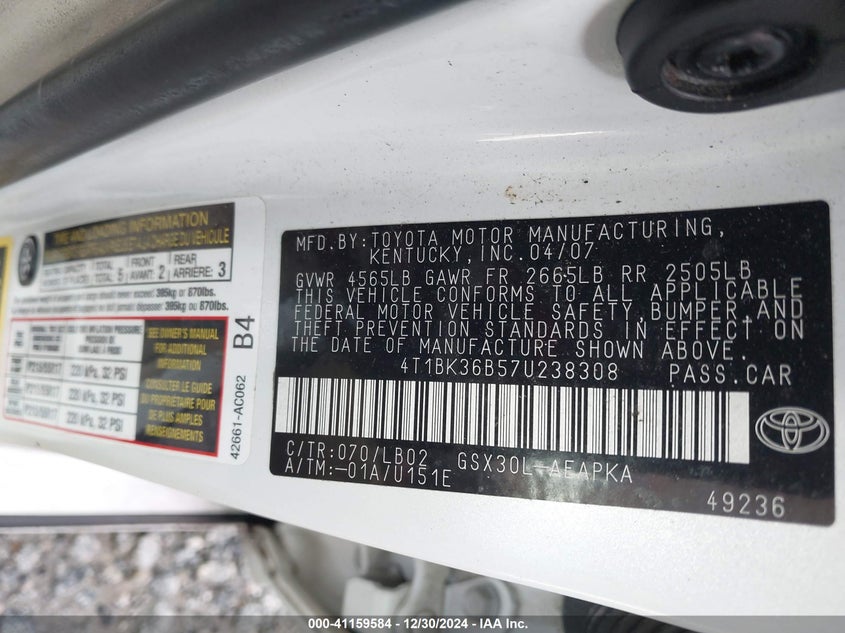 2007 TOYOTA AVALON VIN: 4T1BK36B57U238308
