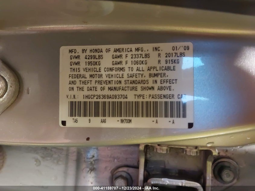 2009 HONDA ACCORD VIN: 1HGCP26369A093704
