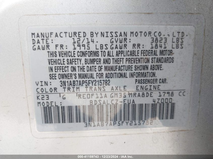 VIN 3N1AB7AP5FY215782 2015 NISSAN SENTRA no.9